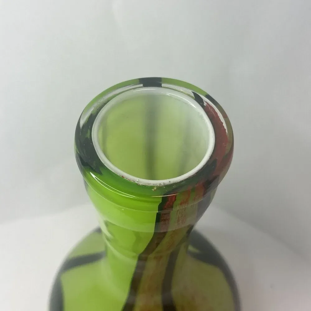 MCM Vtg Green Red Hand Blown Murano Vase 11 Inches